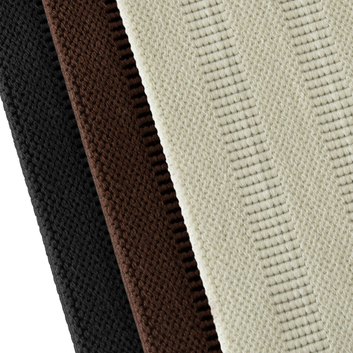 Three textured woven fabric strips in black, dark brown, and cream beige, arranged diagonally side-by-side against a white background.