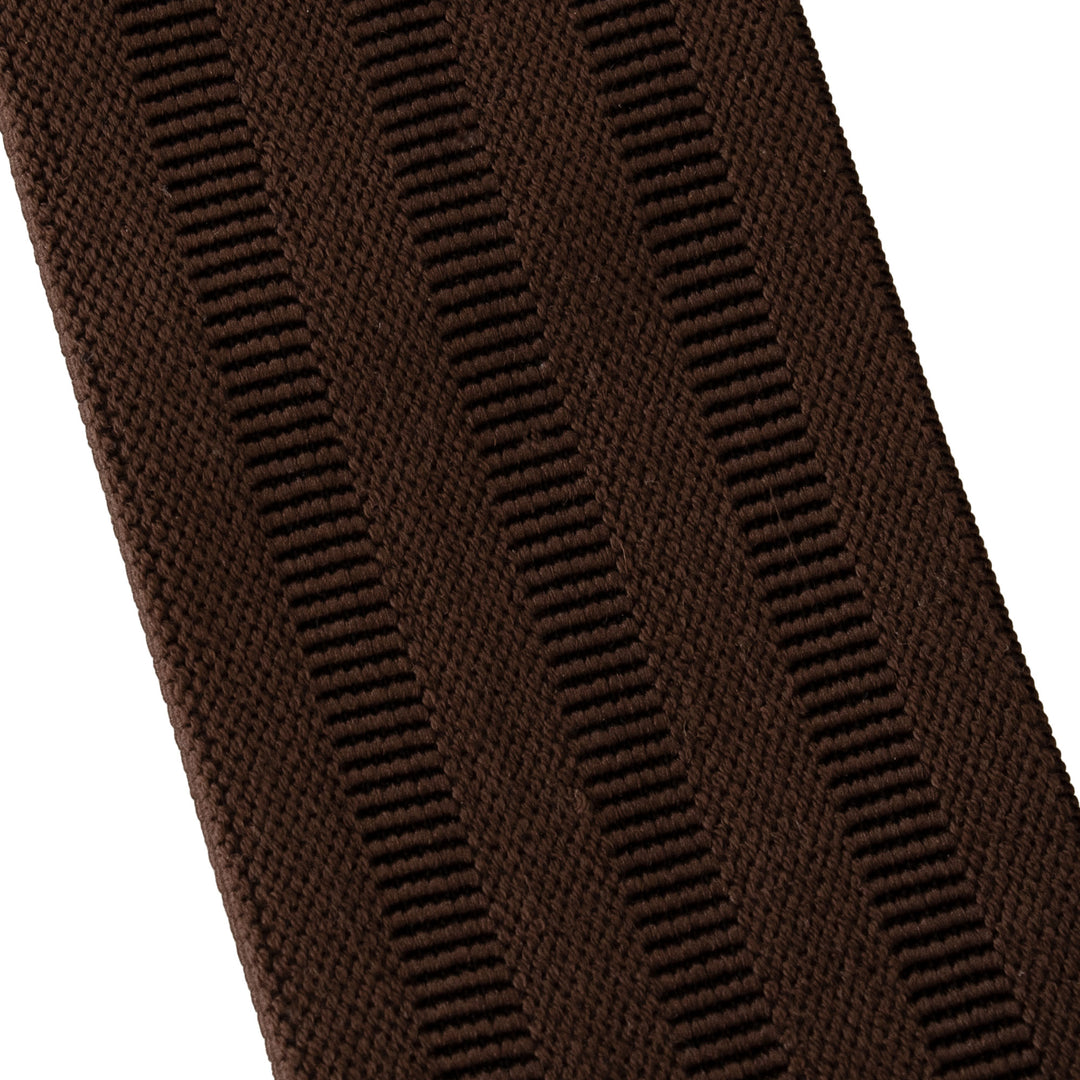 A close-up of a dark brown ribbed knit fabric, showing the detailed vertical stripe texture against a white background.